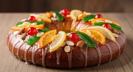 Glazed traditional Epiphany cake decorated with candied fruits and almonds  