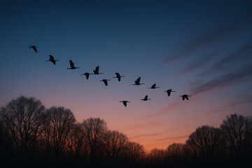 Fototapeta premium A serene twilight scene featuring a flock of birds flying over silhouetted trees against a colorful sunset sky filled with stars.