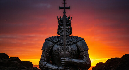 Metal statue of king silhouette holding a scepter in crown at sunset  