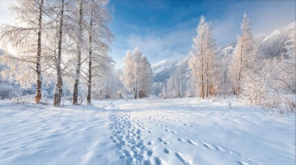 Obraz premium Winter Wonderland: Snow-Covered Trees and Footprints in a Serene Landscape Under a Clear Blue Sky
