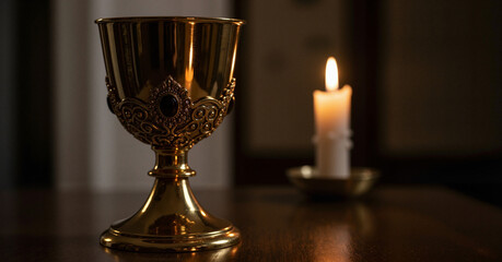 Golden chalice and lit candle on wooden table in dim light  