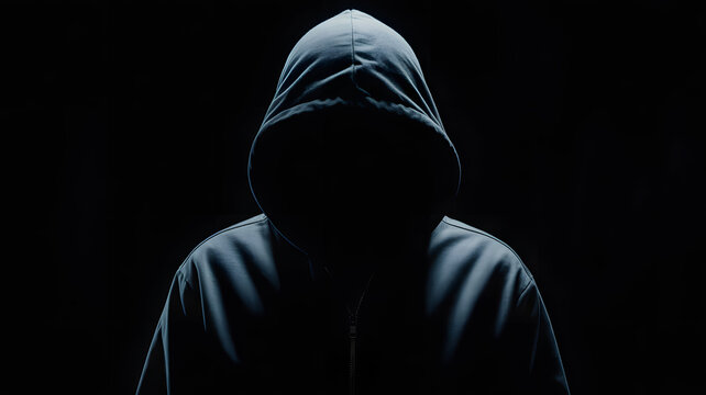 Mysterious figure cloaked in shadow, their identity obscured by a dark hooded jacket, creating an aura of intrigue and suspense.