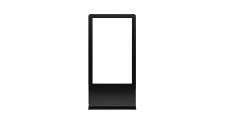 Modern Vertical Digital Signage Kiosk with Blank White Screen Mockup in a Minimalist Studio Environment, Ideal for Customizable Advertisement, Information Display, or Technology Presentation Temp