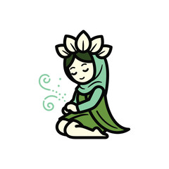 A serene illustration of a person with a floral headpiece, emanating a gentle breeze with closed eyes.