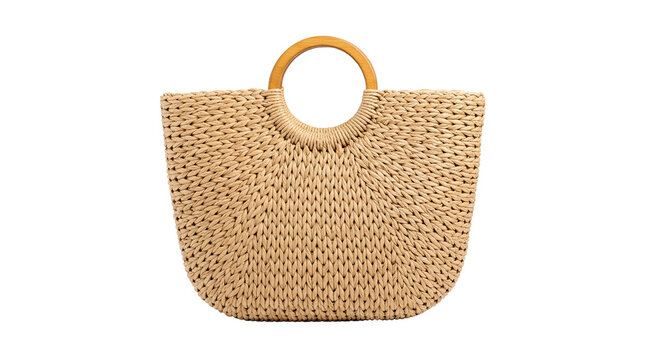 Natural Fiber Handcrafted Woven Bag with Distinctive Wooden Handle Isolated on White - Sustainable Fashion Accessory for Summer, Beach, Resort, and Bohemian Style