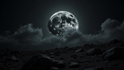 Eerie full moon rising over a rocky landscape with dark clouds, perfect for suspenseful scenes or atmospheric storytelling in your video project