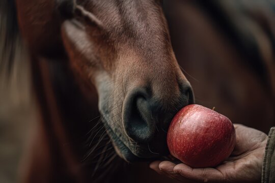 Close-up of a horse nose touching a red apple held in a hand, creating a touching scene of animal care and interaction.