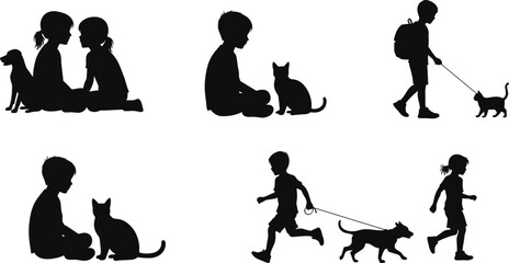 Silhouette of children with pets, kids walking dogs and playing with cats, friendship, love, care, and outdoor animal companionship illustration