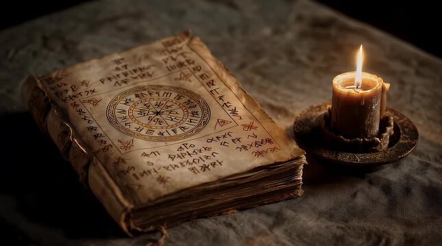 Ancient Spellbook with Candle, Mystical Symbols and Dark Background with ai generated