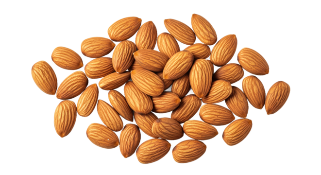 Overhead View of Fresh Raw Almonds Isolated on White Background, a Healthy and Nutritious Food Choice for Snacks, Vegan Diets, Baking, and Cooking Ingredients. Natural Brown Nut Texture.
