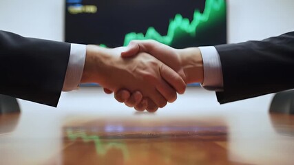 Close-up shot of two business professionals in dark suits shaking hands across a polished wooden table with a dynamic green financial stock market - Powered by Adobe