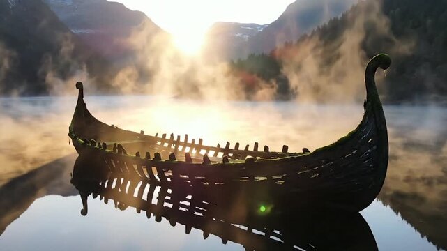 Ghost of the Fjord An Ancient Viking Shipwreck in the Misty Sunrise
