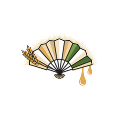 Elegant illustration featuring a stylized fan with wheat and golden liquid drops, representing a brewery.