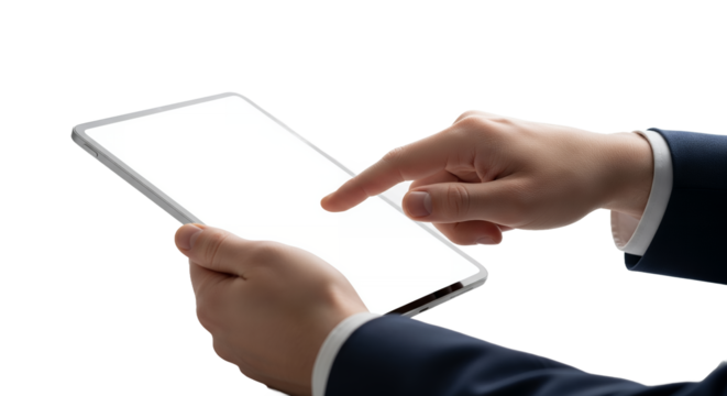 Professional hands interact with a sleek digital tablet featuring a blank white screen, ideal for technology mockups, business presentations, and showcasing modern app interfaces or data in a cle
