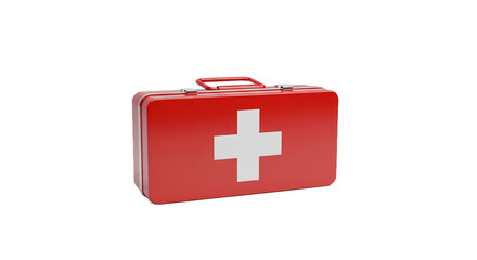Obraz premium Red First Aid Kit Box with White Cross Symbol on Clean Background - Essential Medical Emergency and Healthcare Safety Equipment for Health Assistance and Rescue Concepts and Immediate Care