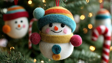 Festive Christmas Tree Ornament: Snowman Decoration with Colorful Details Hanging on a Christmas Tree