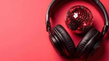 Overhead Headphones and Red Disco Ball on Vibrant Red Background, Perfect for Music or Party Promotions