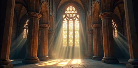 Sunbeams Dance Through Cathedral Stained Glass, Illuminating Dust Motes in a Serene and Reverent Atmosphere. Ancient Stone Architecture, Spiritual, Awe-Inspiring.