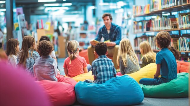 Diverse Group of Children Engaged in Storytime with Male Educator in Library Setting