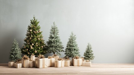 Festive Holiday Display: Christmas Trees and Wrapped Gifts on Wooden Floor, against Light Gray Wall