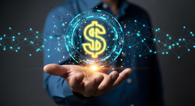 Businessman's hand holding a glowing dollar sign in a digital network for finance and business concepts