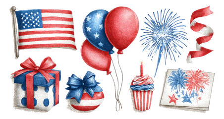 Fototapeta premium Festive Independence Day Elements with American Colors, Shapes and Style Isolated