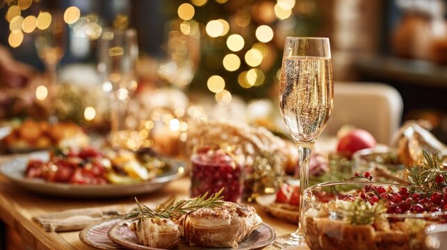Festive Holiday Feast: Sparkling Champagne, Gourmet Dishes, and Warm Lighting for Memorable Celebrations