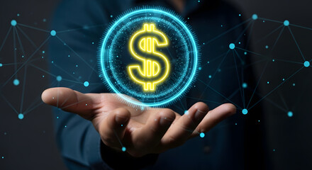 Digital Currency Concept Hand holding glowing dollar hologram amidst a futuristic network for financial technology and investment growth