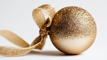 Elegant Golden Christmas Ornament with Glitter and Ribbon, Festive Holiday Decoration for Celebrations