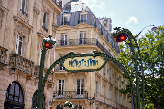 Classic Art Nouveau entrance sign of the Paris Metro, France Editorial use only Photographed on June 2 2025