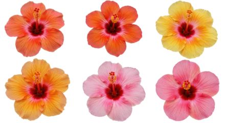 Six Vibrant Hibiscus Flowers in Various Colors Isolated on White Background 1.
