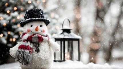 Fototapeta premium Festive Snowman Decoration with Winter Lantern and Christmas Tree Bokeh Background in Falling Snow