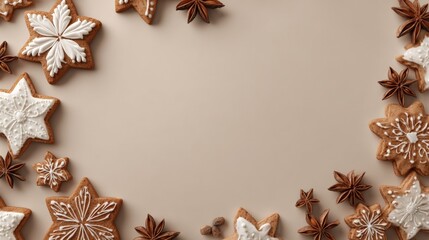 Festive Holiday Gingerbread Star Cookies and Anise Stars Border Frame on Beige Background