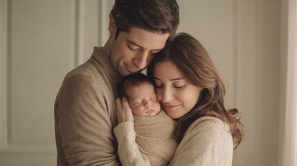 Fototapeta premium Loving Parents Embrace Newborn Baby in Warm Light, Illustrating Family Bond and Infant Care
