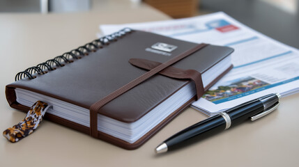 Closed Notebook and Pen Flat Lay Beige Background