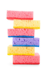 Stack of cleaning sponges on white background