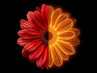 Vibrant dual tone flower with glowing neon orange petals and deep red petals on black background