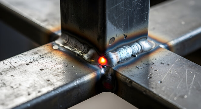 Industrial welding detail showing a hot metal joint and strong weld seams on a steel structure