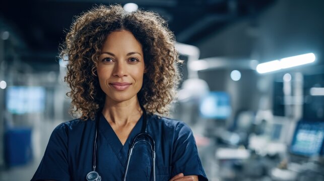 Confident African American Nurse with Stethoscope Standing in Modern Hospital, Healthcare Professional, and Medical Expertise