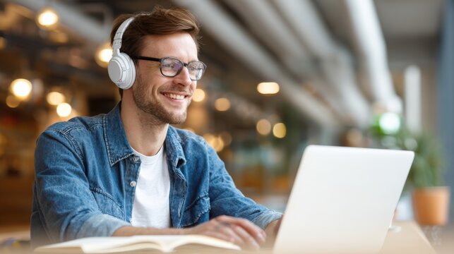 Smiling man in headphones working on laptop, enjoying remote work and online education - Powered by Adobe