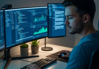 A young male software developer intensely focused on multiple glowing monitors displaying complex code and data visualizations
