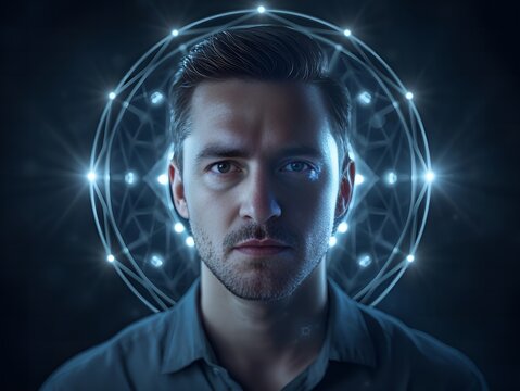 Confident man with futuristic digital network overlay visualizing global data and innovation