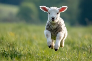 Fototapeta premium Lamb leaping across a verdant meadow, joyfully suspended mid-air, embodying freedom and youthful energy in the idyllic countryside.