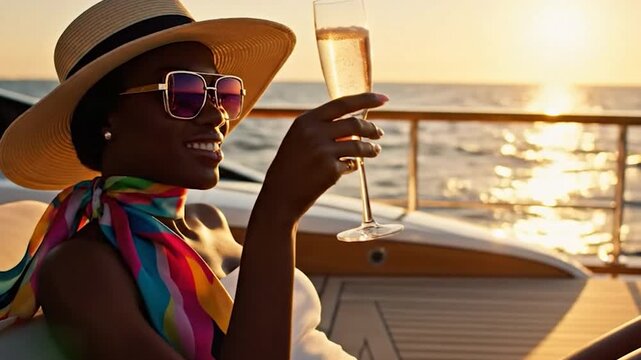 A Toast to Success: Cinematic Shot of a Chic Woman on a Superyacht Vacation
