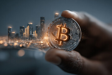 Close up of a bitcoin coin held by fingers against a blurred city skyline, highlighting digital finance, connectivity, and modern technology in a moody night scene.