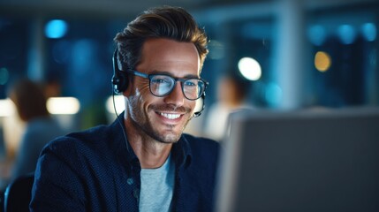 Obraz premium Smiling Businessman Wearing a Headset at His Desk Working Late at Night