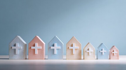 Pastel Houses with Crosses Symbolizing Church, Community, and Faith in Miniature Form on a Blue Background