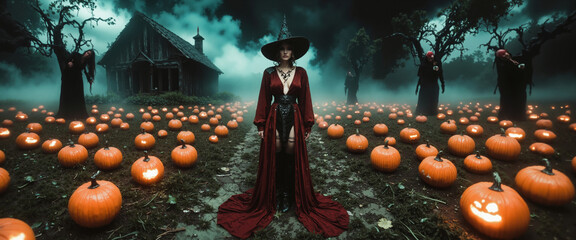 Magic scene with young beautiful witch on foreground