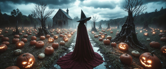 Magic scene with young beautiful witch on foreground