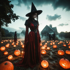 Magic scene with young beautiful witch on foreground